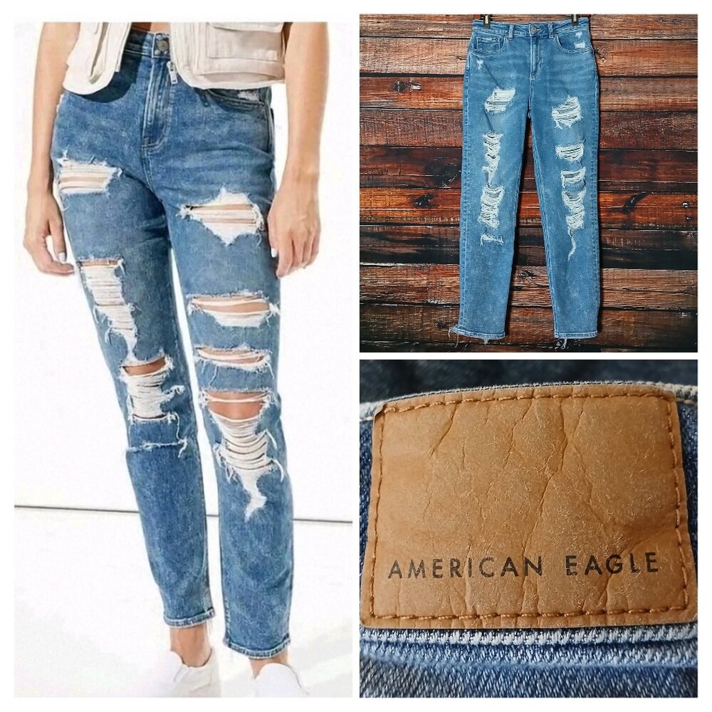 American Eagle Jeans 2 Mom High Rise Ripped Distressed Blue Denim Stretch